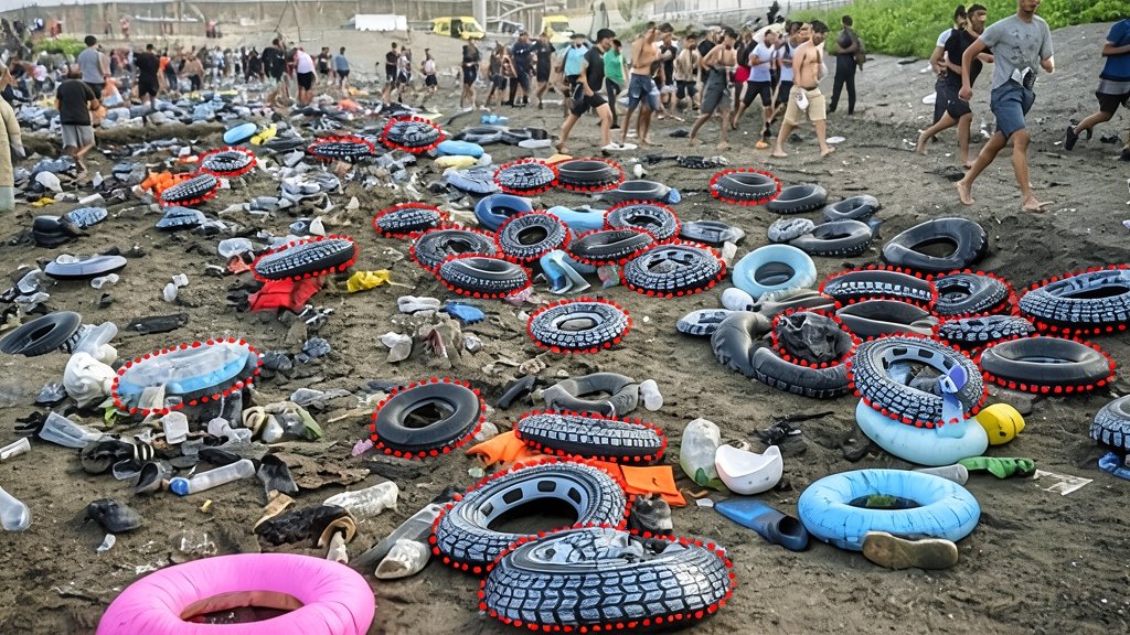 Playa llena de flotadores y neumáticos usados tras la llegada masiva de migrantes.