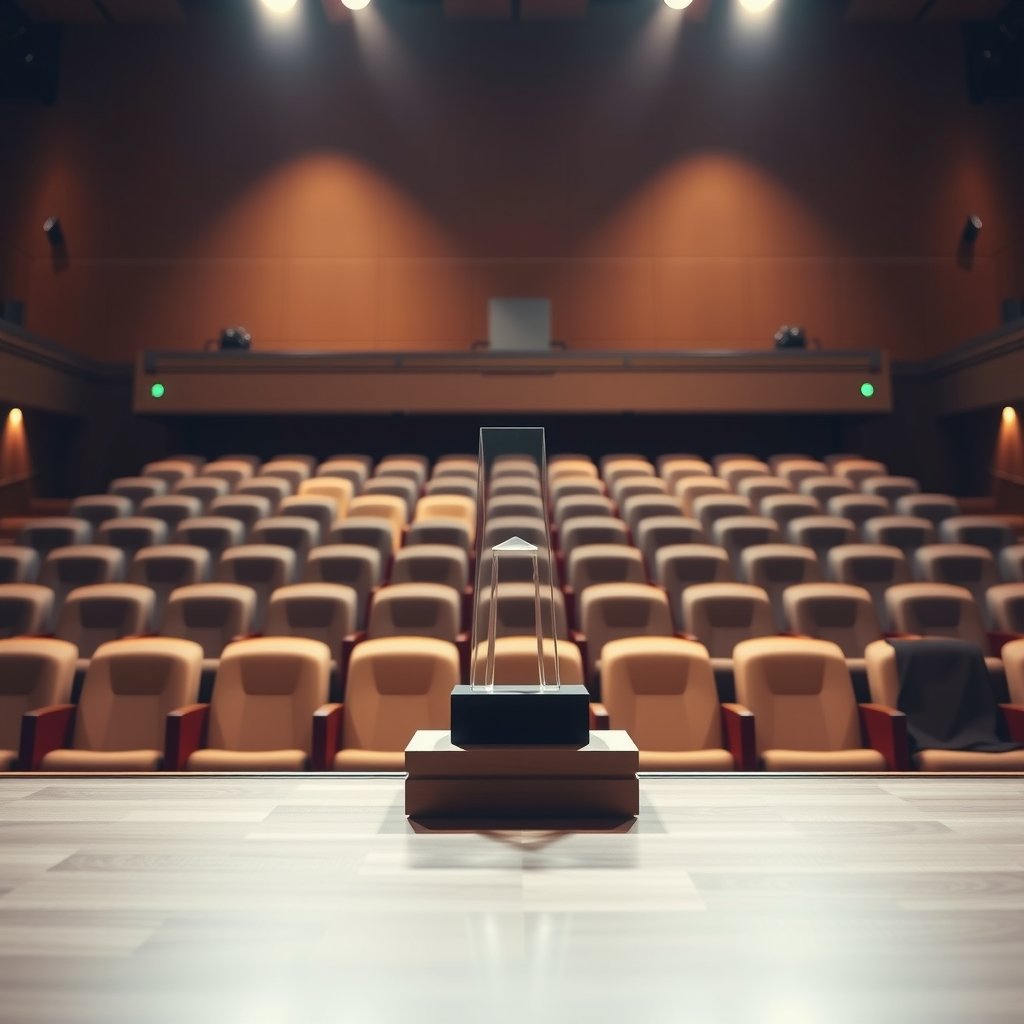 Escenario de un auditorio con un trofeo de cristal colocado sobre un estrado de madera en primer plano y butacas vacías al fondo.