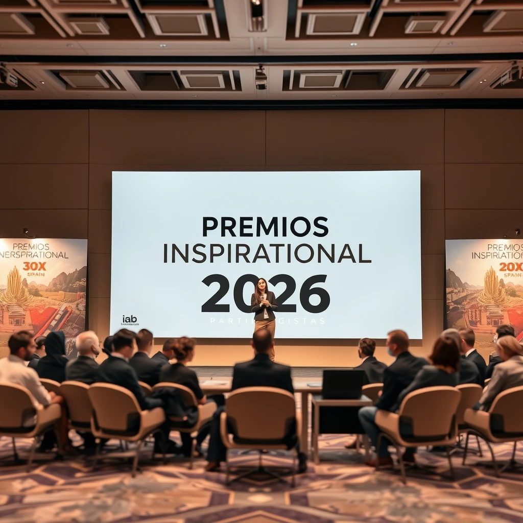 Fotografía institucional de una conferencia con una gran pantalla que muestra el rótulo PREMIOS INSPIRATIONAL 2026, ante un público sentado en auditorio.