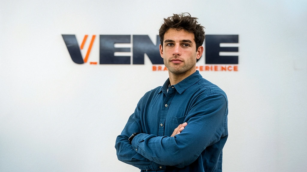 Retrato de Santiago Puig de Lafuente, Managing Partner Europe de Venue Brand Experience, con camisa azul cruzado de brazos frente a una pared blanca con el logotipo corporativo.
