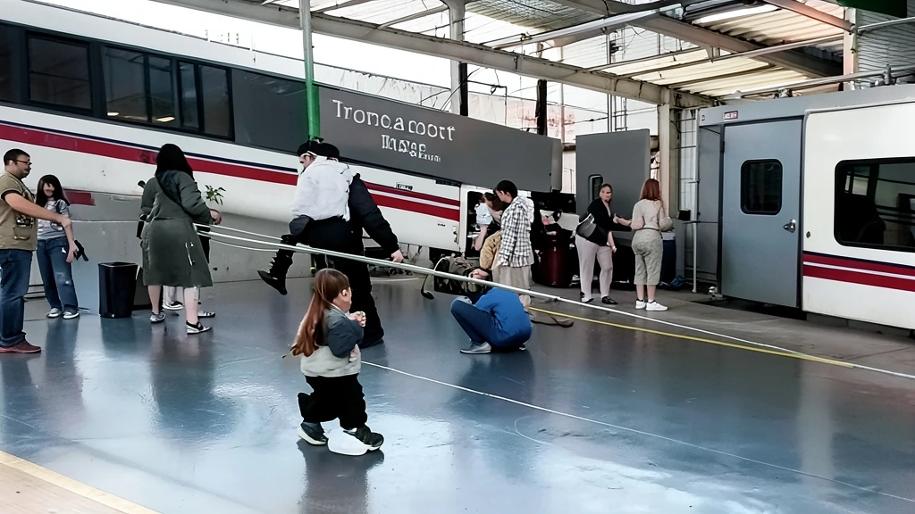 Fotografía artificial en una estación de tren con personas y vagones de pasajeros