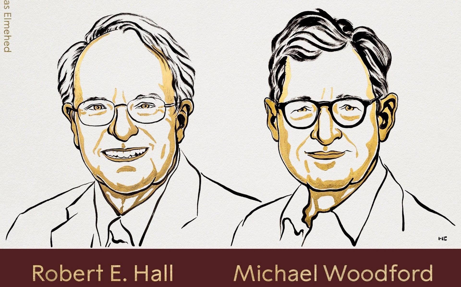 Ilustración artística en blanco y negro con detalles dorados de los economistas Robert E. Hall y Michael Woodford, con sus nombres escritos en la parte inferior.