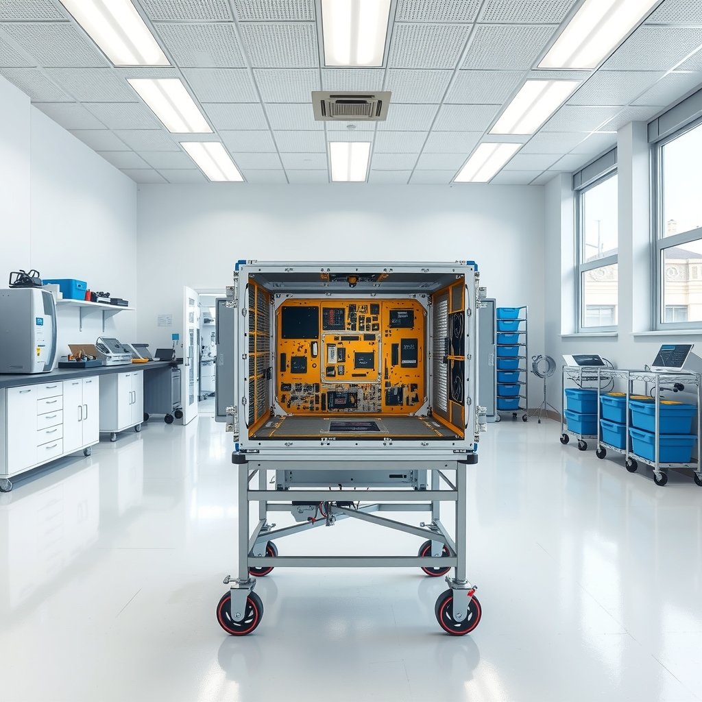Fotografía editorial de un laboratorio limpio y moderno con un satélite artificial montado sobre una estructura metálica con ruedas en el centro de la estancia.
