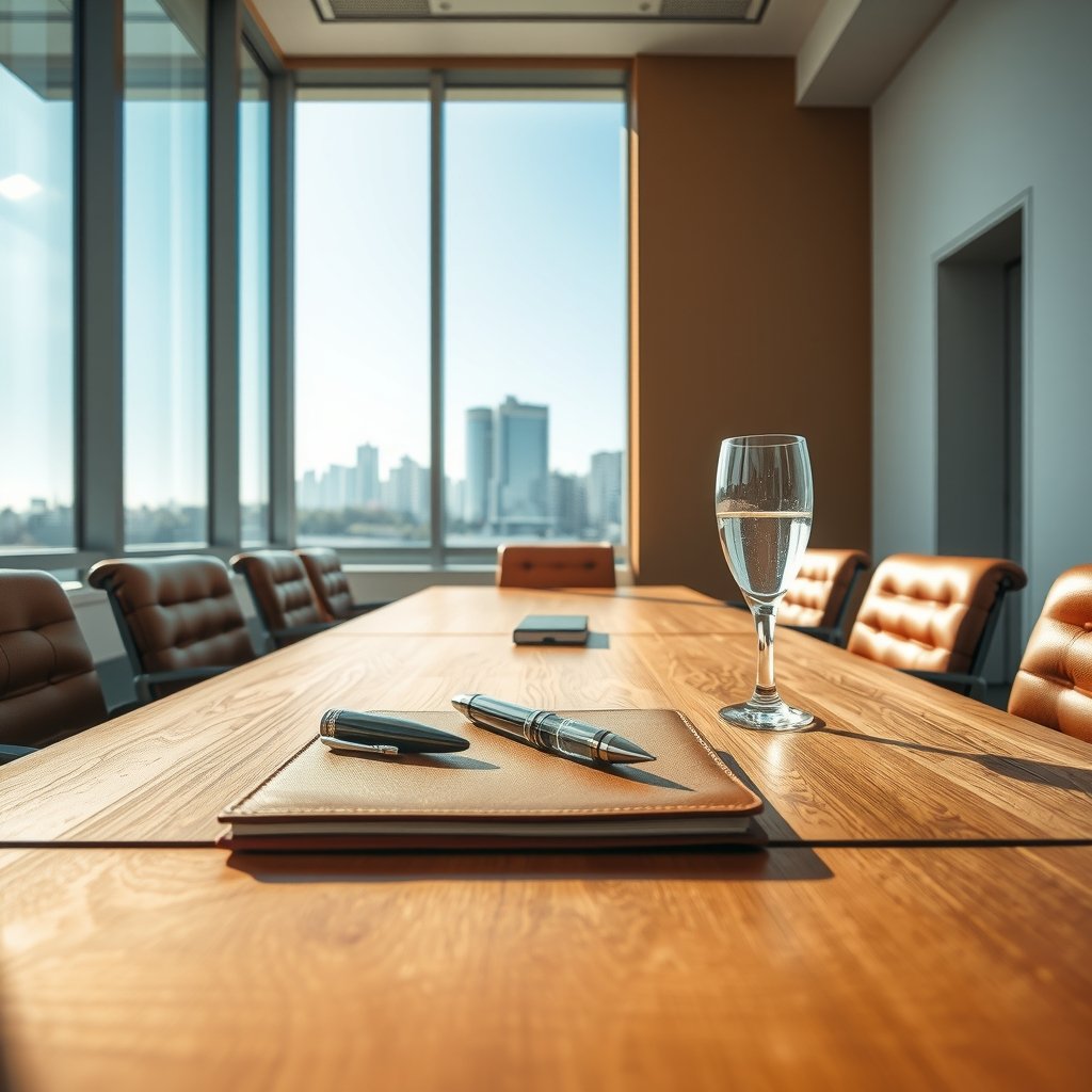 Fotografía editorial de una sala de juntas ejecutiva moderna con una gran mesa de madera, portafolios, plumas y una copa de agua con vistas a un perfil urbano a través de grandes ventanales.