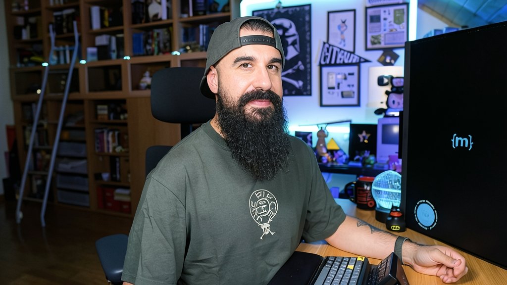 Fotografía editorial de un hombre con barba y gorra verde sentado frente a un ordenador en su despacho con estanterías llenas de libros al fondo.