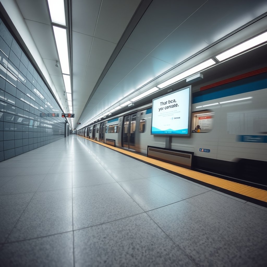 Fotografía de un andén moderno de una estación de metro con suelo de baldosas blancas reflectantes, trenes en movimiento y un gran cartel publicitario iluminado en la pared.