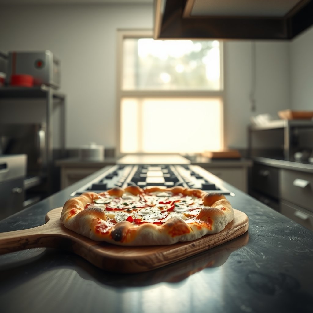 Una pizza recién horneada sobre una tabla de madera en una cocina industrial moderna, con un gran ventanal al fondo.