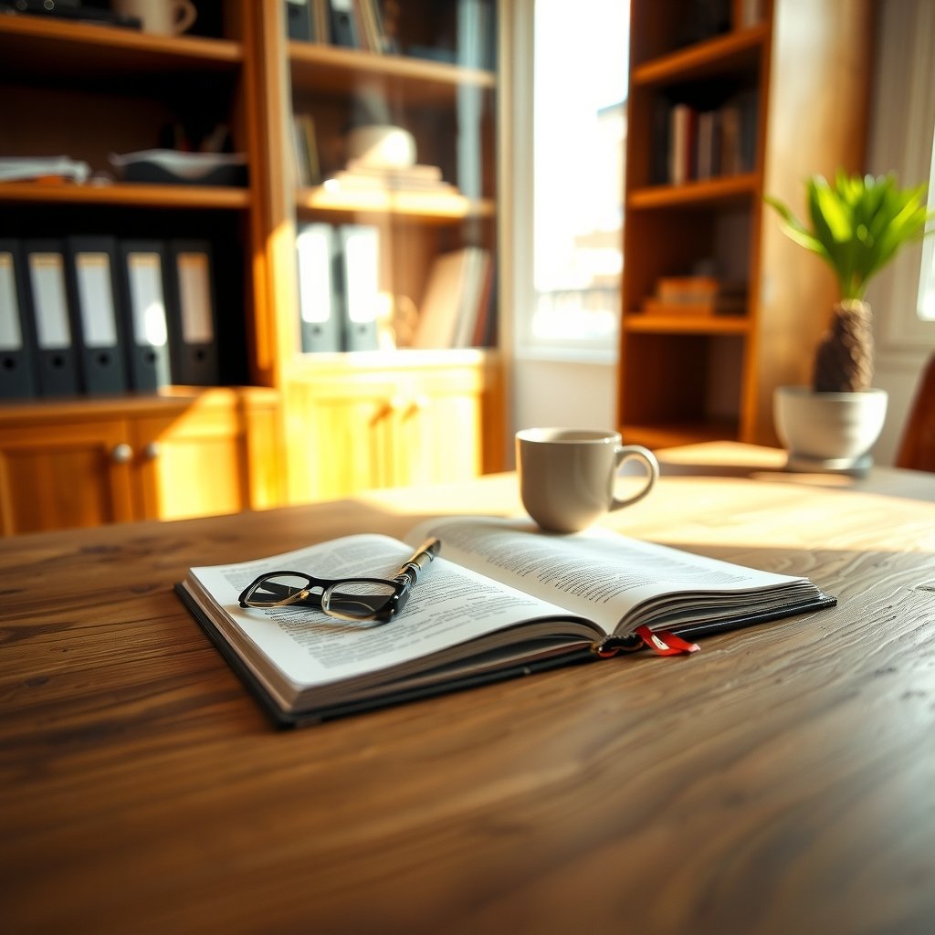 Escritorio de madera con un libro abierto, gafas, una taza de café y estanterías con archivadores al fondo.