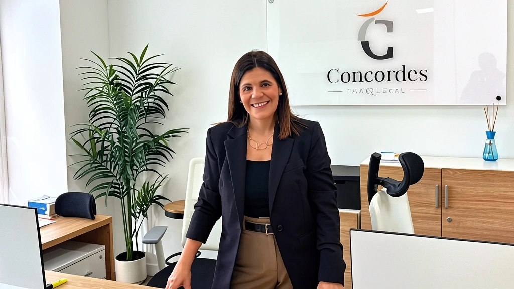 Mujer sonriente de pie en una oficina corporativa frente al cartel de la empresa Concordes Tax & Legal.