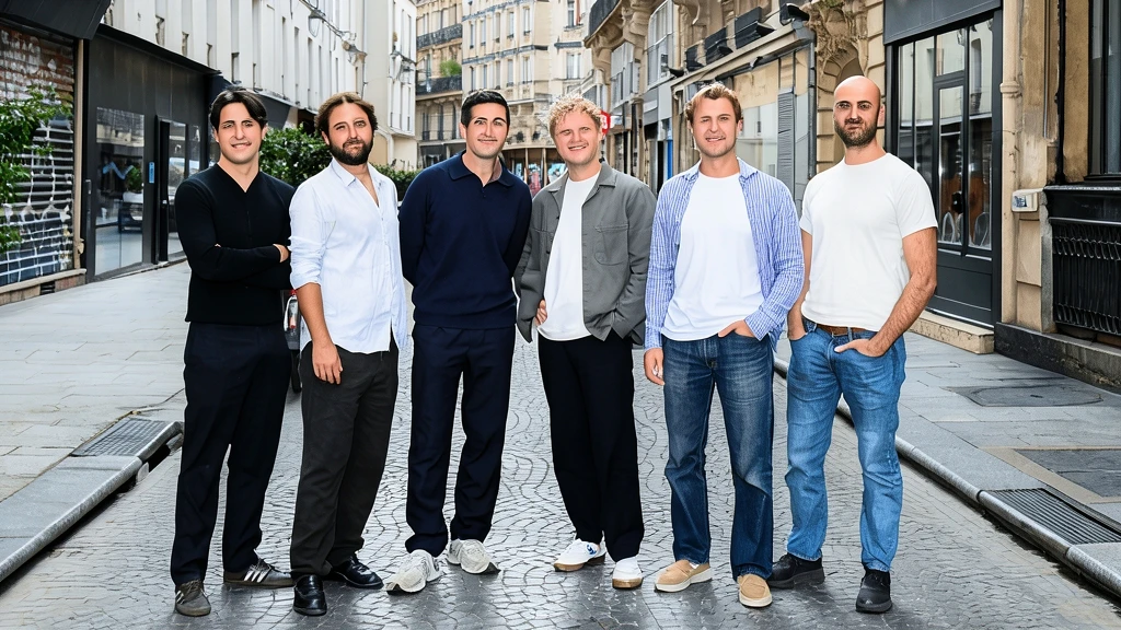 Fotografía editorial de los fundadores de la startup Vessla posando juntos en una calle adoquinada de Estocolmo.